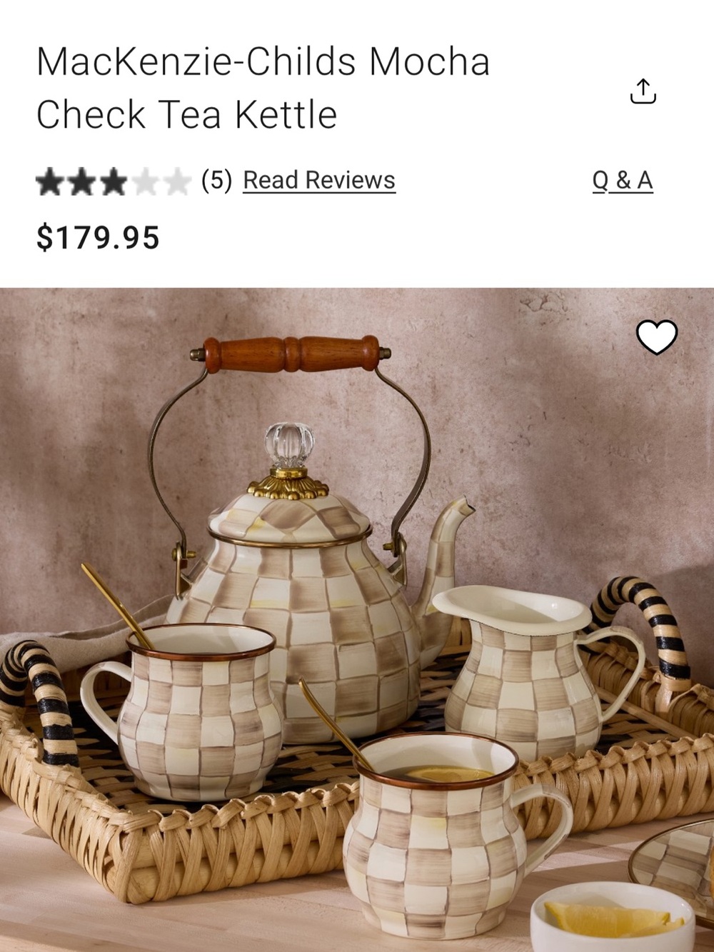 MacKenzie-Childs Mocha Check Ceramic Tea Pot in Cream and Brown